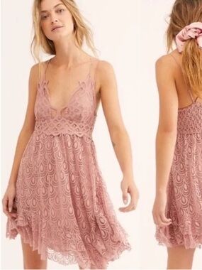 Free People Pink Adella Lace Spaghetti-Strap Sundress Dusty Rose Small